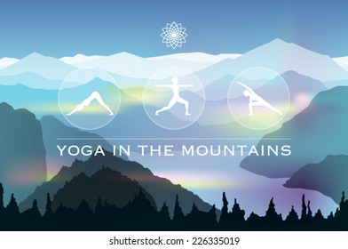 3 young woman's silhouettes practicing yoga on a mountain landscape background vector illustration