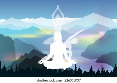 3 young woman's silhouettes practicing yoga on a mountain landscape background vector illustration