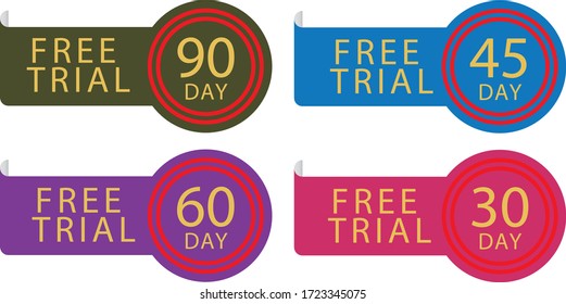 30, 45, 60 And 90 Day Free Trial Stamp Vector Illustration. Free Trial Badges. Vector Certificate Icon