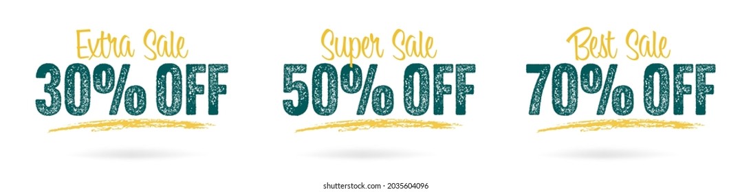 30, 50 and 70 percent off best extra super sale sticker. Discount promotion special tag set with grungy dirty design. Clearance offer and price cut bargain scratched stamp isolated vector illustration