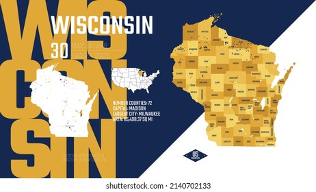 30 of 50 states of the United States, divided into counties with territory nicknames, Detailed vector Wisconsin Map with name and date admitted to the Union, travel poster and postcard