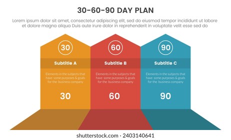 30 60 90 day plan management infographic 3 point stage template with big shape arrow header top direction for slide presentation