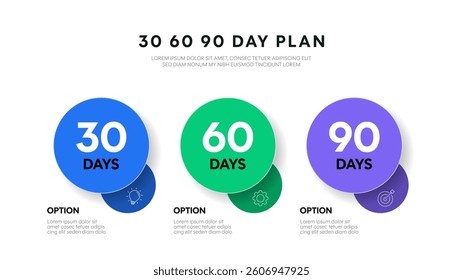 30 60 90 day plan management infographic presentation template for digital marketing diagram framework banner. Modern timeline steps infographics design. Business marketing concept illustration vector