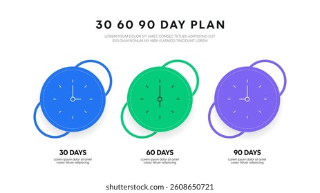 30 60 90 day plan management infographic presentation template for digital marketing diagram framework banner. Modern timeline steps infographics design. Business marketing concept illustration vector