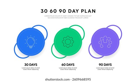 30 60 90 day plan management infographic presentation template for digital marketing diagram framework banner. Modern timeline steps infographics design. Business marketing concept illustration vector