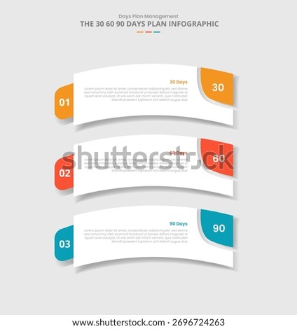 30 60 90 days management framework for infographic with drop shadow style with round rectangle box bending curve with 3 point list information vector