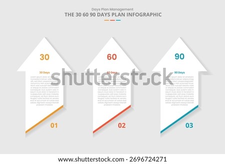 30 60 90 days management framework for infographic with drop shadow style with vertical arrow top direction with slice bottom with 3 point list information vector