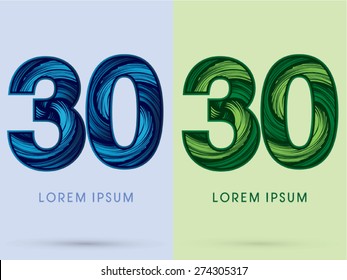30 ,Abstract Number , font, concept Spin water, wind and natural, designed using blue and green grunge brush,sign 