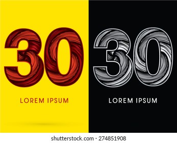 30 ,Abstract Number , font, concept  Spin, designed using red,black and white, grunge brush, sign.