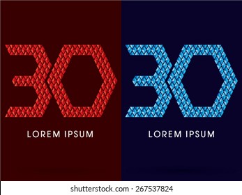 30 ,Abstract Number, font, designed using red and blue geometric shape on dark background, graphic, vector.