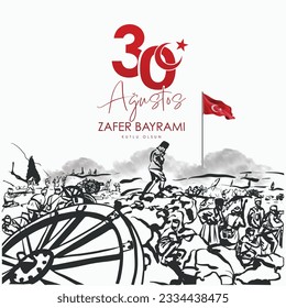 Agustos Zafer Bayrami kutlu olsun. Traducción al inglés: Feliz 30 de agosto, Día de la Victoria en Turquía. Vector, Ilustración. Diseño tipográfico.