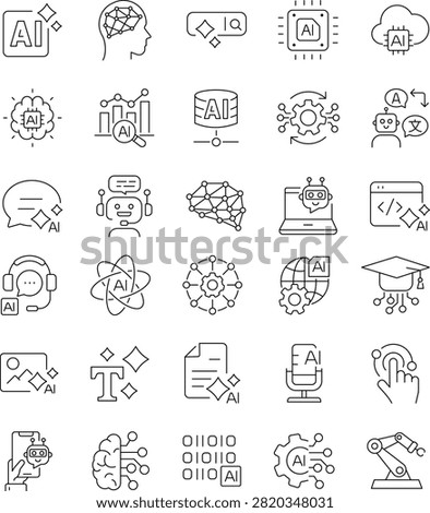 30 AI Assistant Line Icons Set - Artificial Intelligence, Chatbot, Virtual Assistant, Automation, Machine Learning Outline Vector Collection