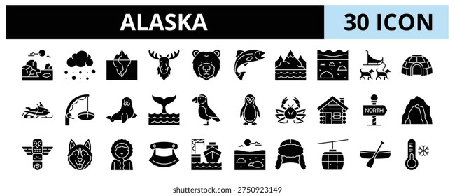30 Alaska Glyph Banner Web Icon Set Vector Illustration