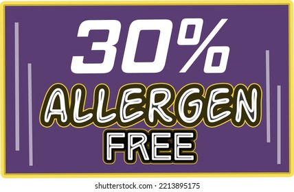 30% Allergen% Gratis rechteckiges Schild, Vektorgrafik mit fantastisch aussehender Schriftart und violetter Farbe