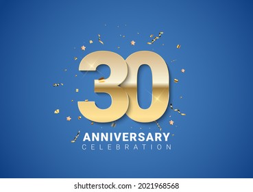 30 anniversary background with golden numbers, confetti, stars on bright blue background. Vector Illustration EPS10