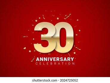 30 anniversary background with golden numbers, confetti, stars on bright red holiday background. Vector Illustration EPS10