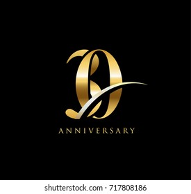 30 anniversary elegance gold logo. linked number with swoosh on black background