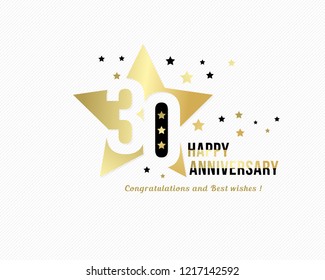 30 anniversary emblem. Golden star shape frame with gold and black starry confetti decorations