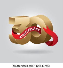 30 Anniversary Gold Numbers With Red Ribbon. Celebration 30 Anniversary Event Party Template. Anniversary Template Design For Web, Creative Poster, Booklet, Leaflet, Flyer, And Invitation.