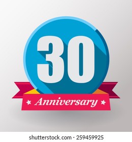 30 Anniversary label with ribbon. Flat design.