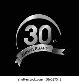 30 anniversary ring logo silver ribbon. vector celebration template