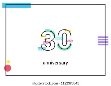 30 Anniversary simple black line with memphis ornaments isolated on white background
