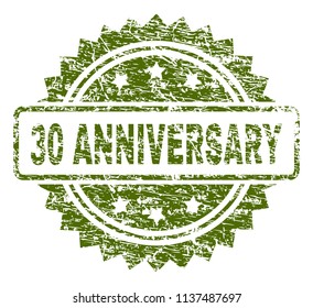 30 ANNIVERSARY stamp seal watermark with rubber print style. Green vector rubber print of 30 ANNIVERSARY caption with scratched texture.