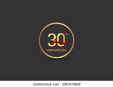 30 anniversary vector design golden color with ring and red ribbon isolated on black background