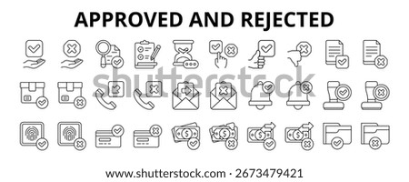 30 Approved and Rejected Line Icons Vector - Quality Control, Checklist Document, Pending, Choose, Email Sent, Email Failed, Card Received, Card Rejected 