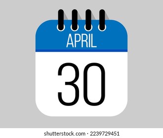 30 April calendar icon. Blue calendar vector for April weekdays. Calendar page design on isolated background