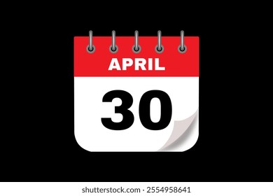 30 April calendar icon text page monthly web design on red, white and black background vector, icon, or illustration with the month of April 30