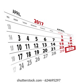 30 April highlighted on calendar 2017. Week starts from Monday. Vector Illustration.
