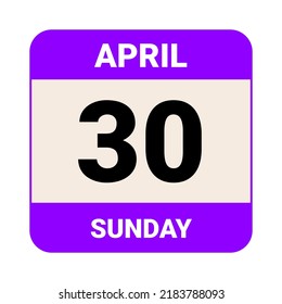 30 de abril, domingo. Plantilla de fecha. Diseño útil para la promoción de calendarios o eventos. Ilustración vectorial Archivo EPS 10.