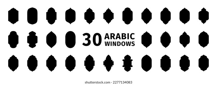 30 Arabic window silhouettes. Vector symbol traditional islamic arches. Arabic traditional architecture.