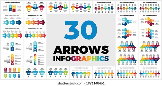 30 Arrows Vector Infographics. Presentation slide templates. Circle chart diagrams and timelines. Perfect for marketing or business project.