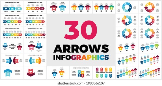 30 Arrows Vector Infographics. Vol 1. Presentation slide templates. Circle chart diagrams. 3, 4, 5, 6, 7, 8 steps, options, parts. Up stairs. Business success.