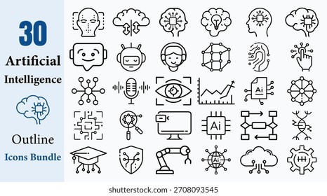 30 Iconos de contorno de inteligencia artificial Conjunto de Paquetes de Vector AI Robot Machine Learning