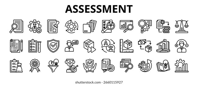 30 Línea de Evaluación Iconos Vector - evaluación, experto, validez, evaluación, análisis, resultado, conocimiento, auditoría, diagnóstico, oportunidad