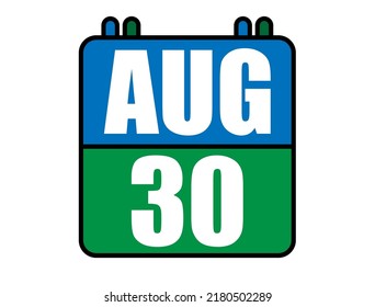 30 August calendar. Blue and green calendar page for August days. Vector isolated on white background.
