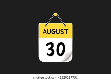 30 August calendar icon text page monthly web design on yellow, red, black, and white background vector, icon, or illustration with the month of August 30