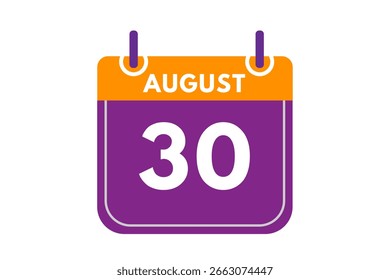 30 de agosto Mes Vector de un solo día, ilustración, calendario con naranja, púrpura, ceniza y blanco Icono de calendario de fondo de color del 30 de agosto