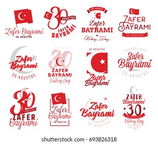 30 August, Turkey Victory Day, Zafer Baryami. Typography design set. Translation - 30 August, Victory Day of Turkey.