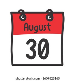 30 August. Vector flat daily calendar icon. Date and time, day, month. Holiday
