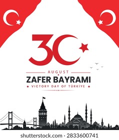 30 August Victory Day of Türkiye poster with red crescent and star, Turkish flags, and Istanbul skyline silhouette