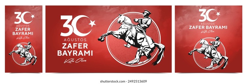 30 de agosto Zafer Bayrami Victory Day Turquía. Traducción: 30 de agosto celebración de la victoria y el Día Nacional en Turquía. (30 Agustos Zafer Bayrami Kutlu Olsun) Plantilla de Ilustración vectorial.