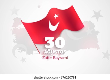 30 August zafer bayrami Victory day Turkey greeting card. Celebration background with waving flag and map. Vector illustration