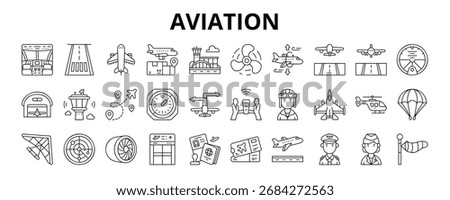 30 Aviation Line Icons Vector - Air Freight, Propeller, Hangar, Helicopter, Parachute, Glider, Navigator, Landing