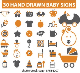 30 baby icons, signs set in hand drawn style, vector