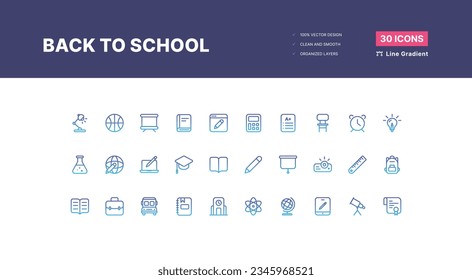 30 Back to School Icons Pack - Line Gradient