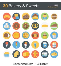 30 Bakery & Sweets, food icon design with various item such as cookie, cupcake, ice cream, milkshake, donut, and others, that can be use in article, magazine, or for graphic element.